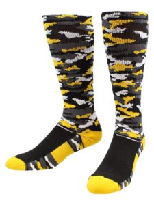 tck sports elite performance over the calf camo socks (black/gold camo, small)