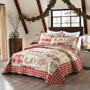 MarCielo 3 Piece Christmas Quilt Set, Rustic Lodge Deer Quilt Bedspread Throw Blanket Lightweight Bedspread Coverlet Comforter Set BY010 (King)