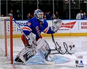 henrik lundqvist new york rangers autographed 8" x 10" blue jersey in net photograph - autographed nhl photos