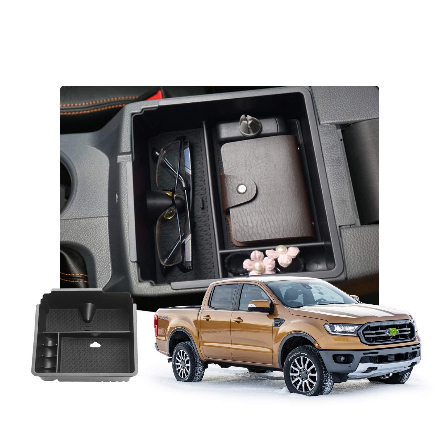 Customized for 2019 2020 2021 2022 2023 Ford Ranger XL XLT Lariat Accessories Car Center Console Armrest Box Glove Secondary Storage Console Organizer Insert Tray with Coin and Glass Holder (Black)