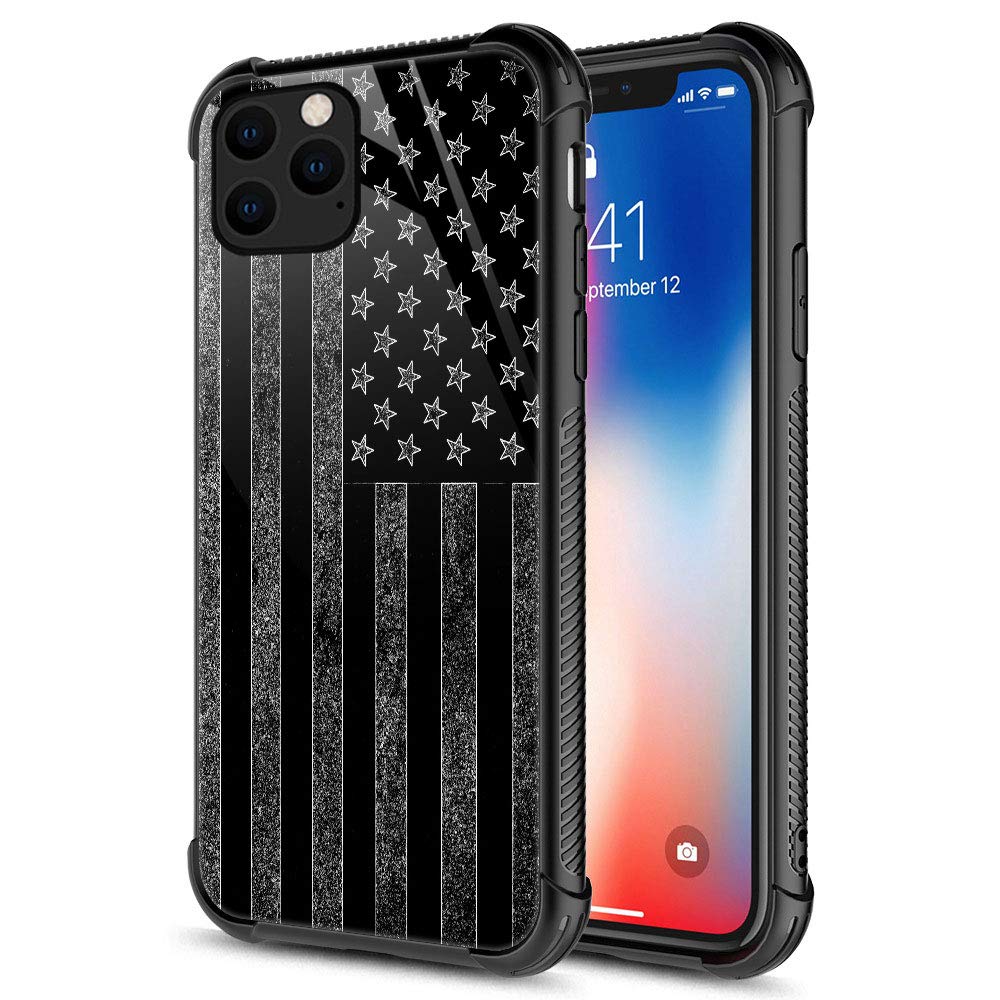 ZHEGAILIAN Case Compatible with iPhone 11 Case,Black and White American Flag Case,Tempered Glass Back+Soft Silicone TPU Shock Protective Case for iPhone 11 Case.