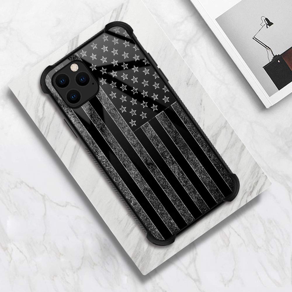 ZHEGAILIAN Case Compatible with iPhone 11 Case,Black and White American Flag Case,Tempered Glass Back+Soft Silicone TPU Shock Protective Case for iPhone 11 Case.