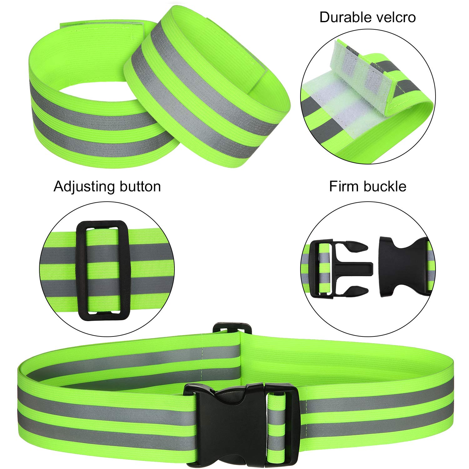 Hotop 6 Pieces Reflective Band Strap Safety Reflective Glow Belt PT Belt High Visibility Reflective Waist Belt for Arm, Wrist, Ankle, Leg Running Cycling Walking Marathon (Green)