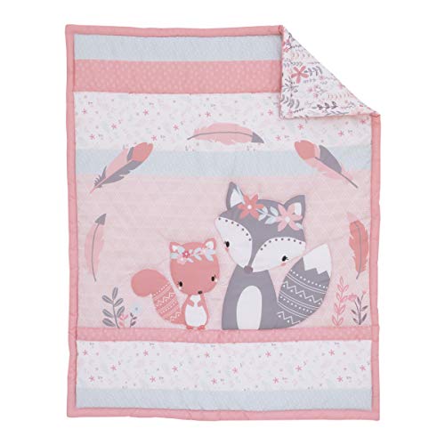 Little Love by NoJo Desert Flower - Fox and Feathers Pink, Grey and Aqua 3 Piece Crib Bedding Set- Comforter, Fitted Crib Sheet, Dust Ruffle