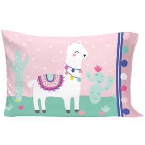 Everything Kids Pink & Mint Llama 4Piece Toddler Bed Set - Comforter, Fitted Bottom Sheet, Flat Top Sheet, Reversible Pillowcase, Pink, Mint, Navy, Raspberry