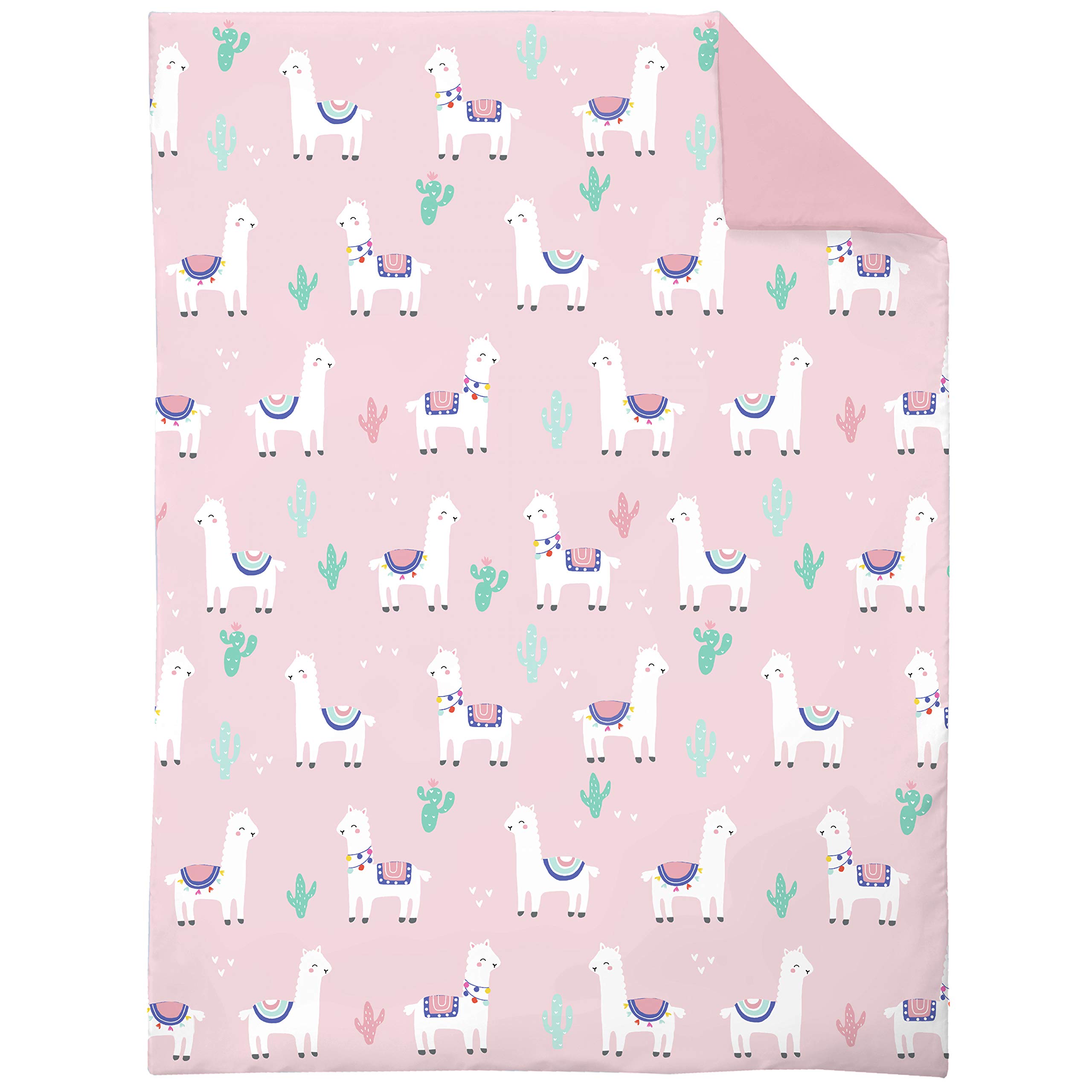 Everything Kids Pink & Mint Llama 4Piece Toddler Bed Set - Comforter, Fitted Bottom Sheet, Flat Top Sheet, Reversible Pillowcase, Pink, Mint, Navy, Raspberry