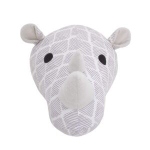 nojo grey and white rhino plush head wall décor