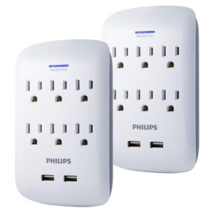 philips 6-outlet extender with 2-usb port surge protector, 2 pack, charging station, 900 joules, grounded power adapter, indicator light, 3-prong, 2.4 amp/12 watt, etl listed, white, spp6266wb/37