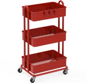 simple houseware heavy duty 3-tier metal utility rolling cart, red