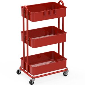 Simple Houseware Heavy Duty 3-Tier Metal Utility Rolling Cart, Red