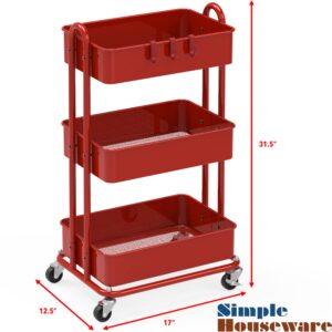 Simple Houseware Heavy Duty 3-Tier Metal Utility Rolling Cart, Red