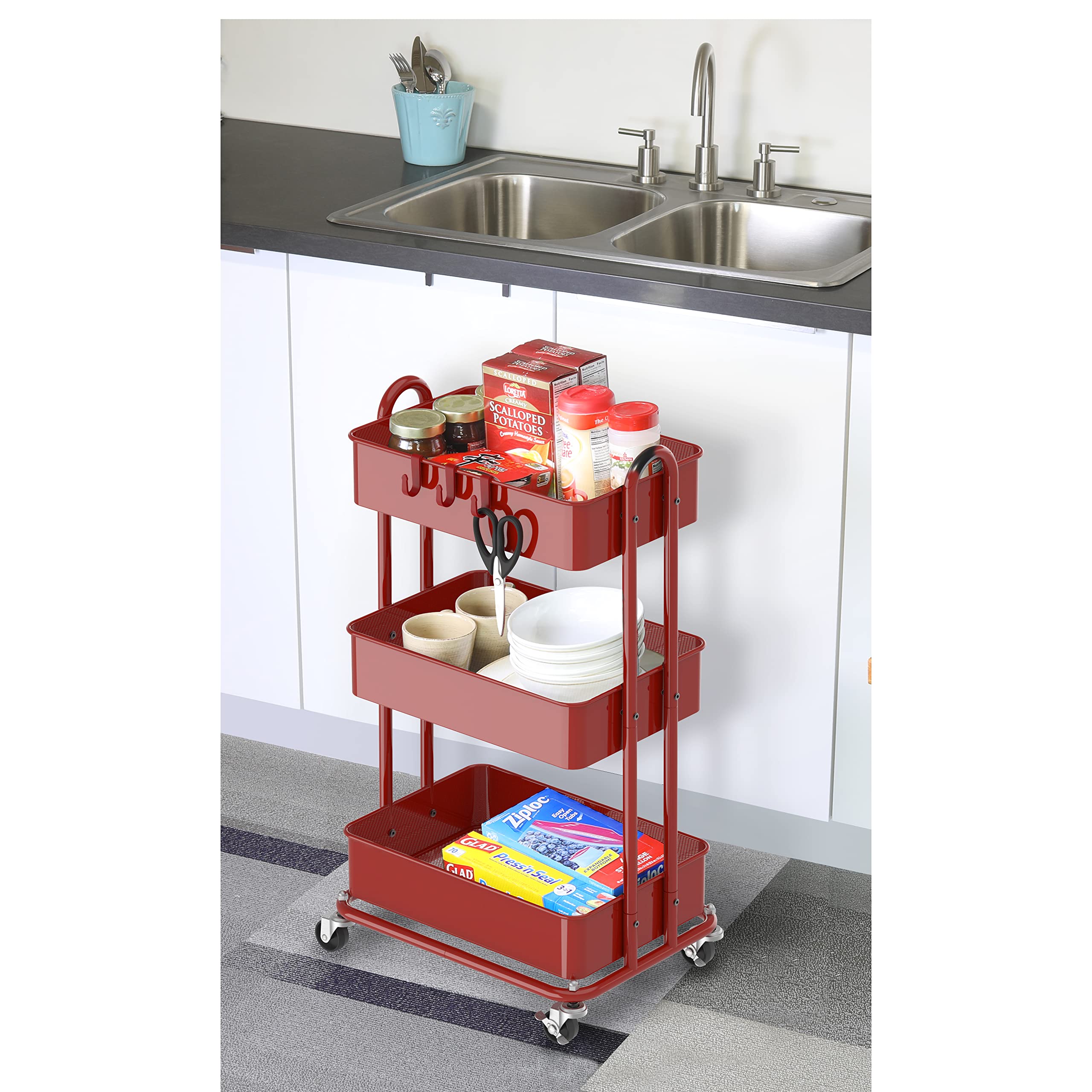 Simple Houseware Heavy Duty 3-Tier Metal Utility Rolling Cart, Red