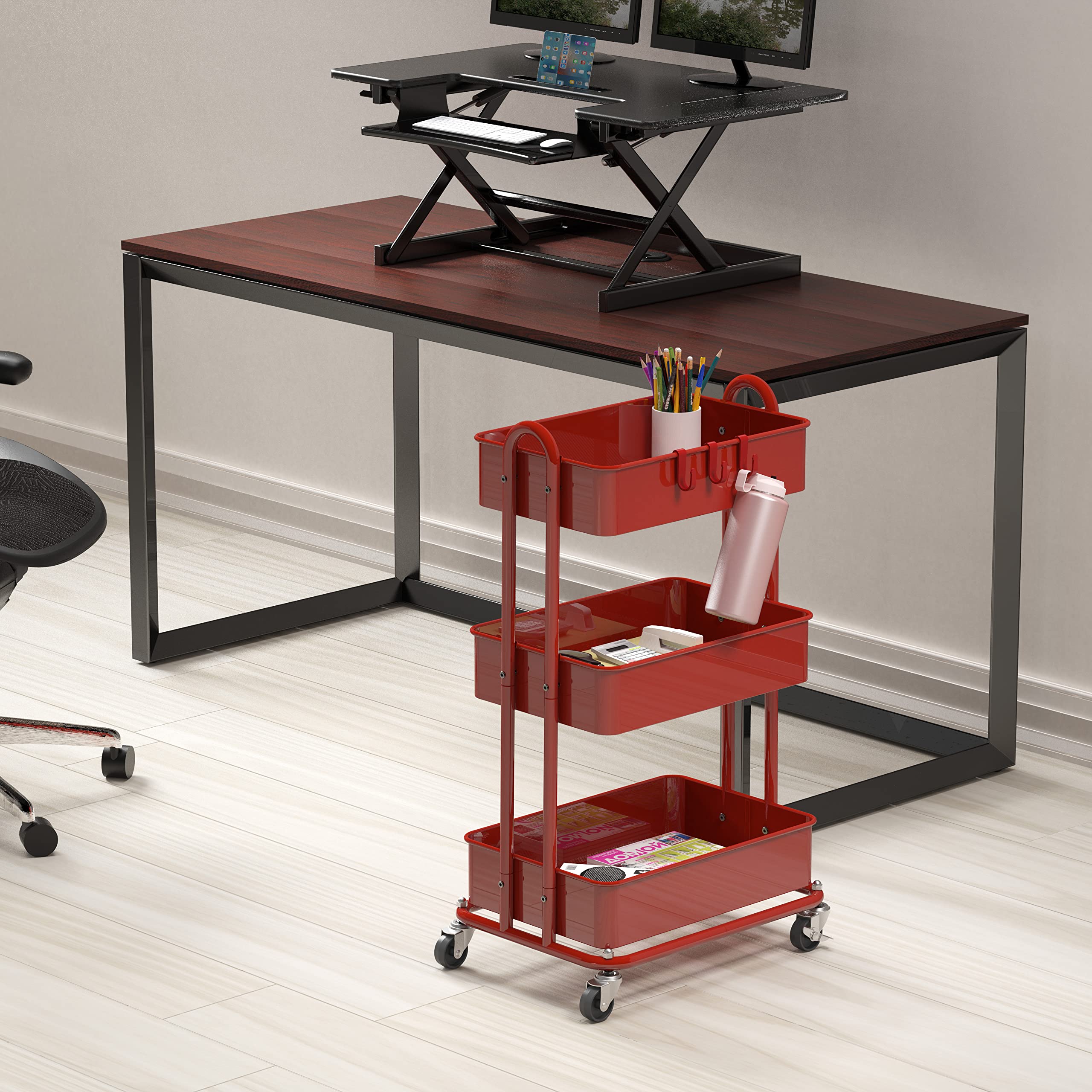 Simple Houseware Heavy Duty 3-Tier Metal Utility Rolling Cart, Red