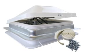class a customs 14" rv roof vent 12 volt powered fan w/white wedge lid - 4" garnish ring - putty & screws | 71112a-4-ps