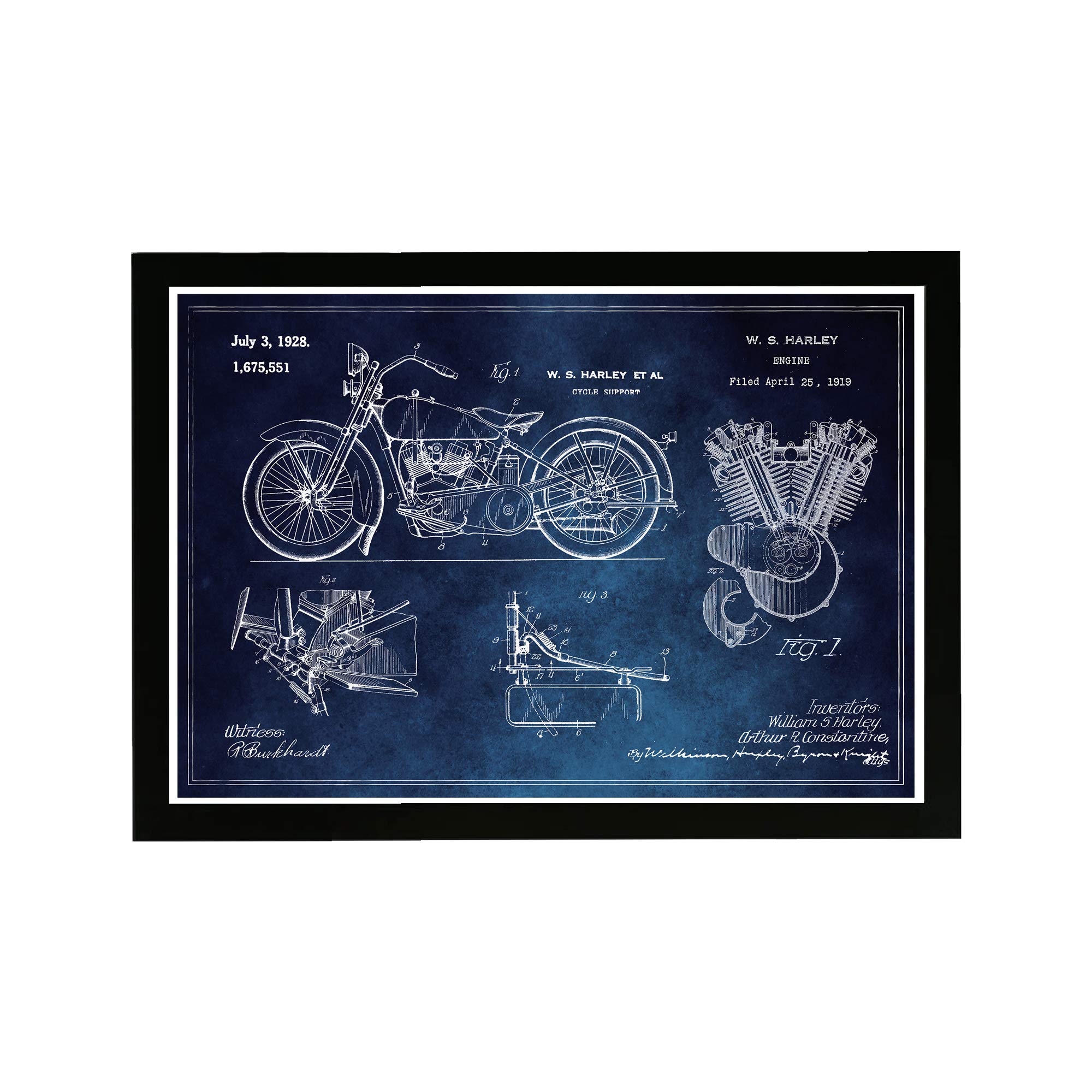 Wynwood Studio Transportation Framed Wall Art Prints 'Harley Engine 1923 Set Horiz Chalkboard' Motorcycles Home Décor, 19" x 13", Blue, White