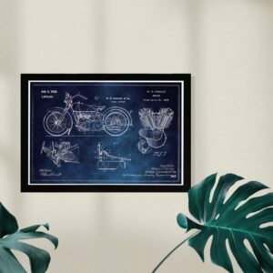 Wynwood Studio Transportation Framed Wall Art Prints 'Harley Engine 1923 Set Horiz Chalkboard' Motorcycles Home Décor, 19" x 13", Blue, White