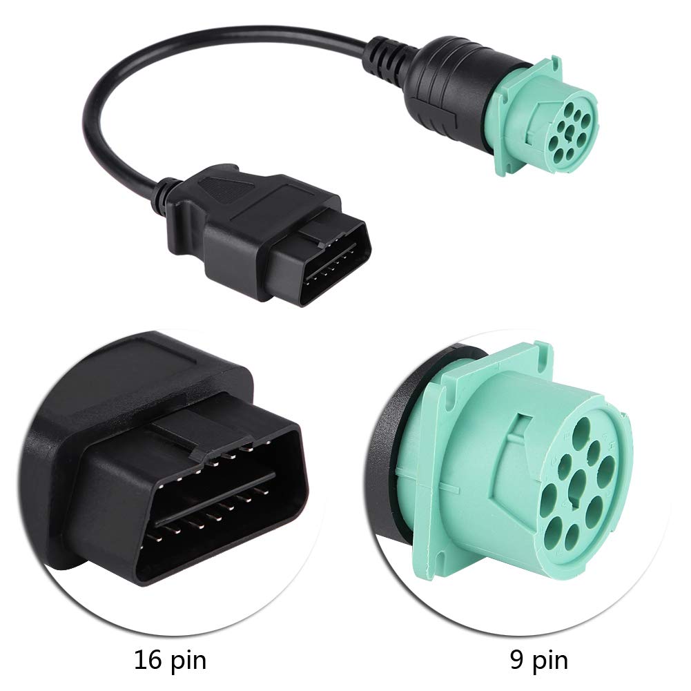 OBD2 Adapter, 9 Pin to 16 Pin OBDII Truck Diagnostic Scanner Cable Adapter Connector for Diesel Engine