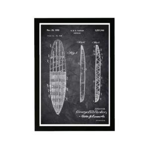 wynwood studio sports and teams framed wall art prints 'surfboard 1948 chalkboard' surfing home décor, 13" x 19", black, white