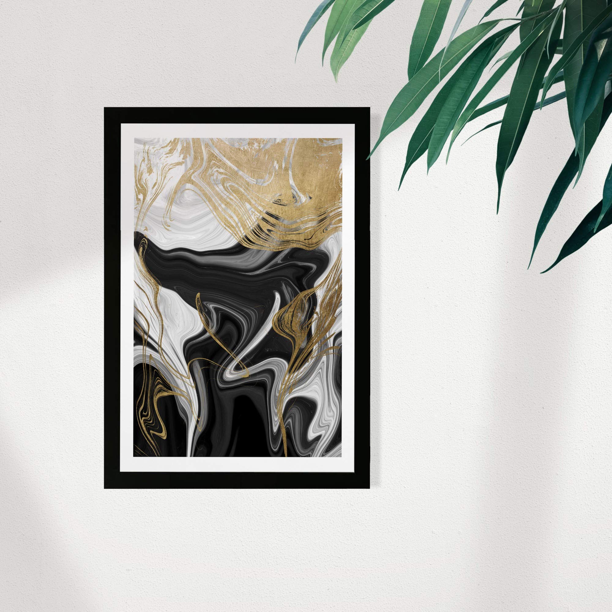 Wynwood Studio Modern 13.0 in x 19.0 in, Abstract Marble Waves, Wall Art Print, Ripples in Gold Bath, BlackWhite