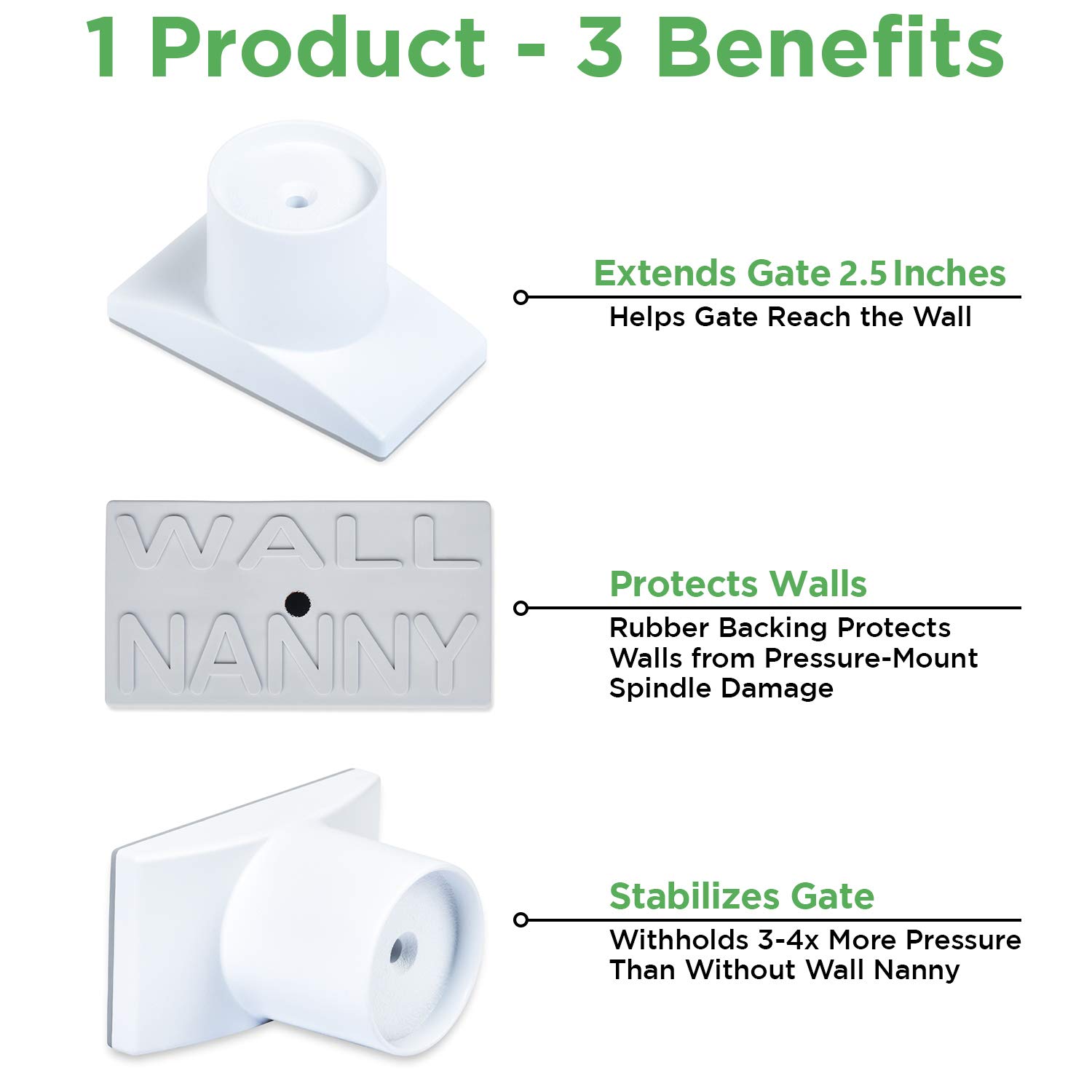 Wall Nanny Extender - 2.5 Inch Baby Gate Extension Kit (Made in USA) Extends Pressure Mounted Gates + Protects Walls + Stabilizes Gate - for Child, Pet & Dog Gates, Works on Stairs, Protector (4 Pack)