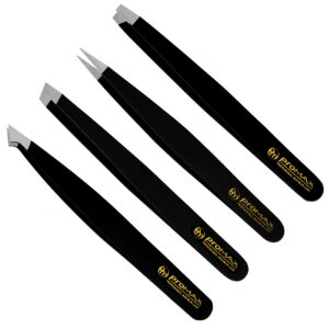 promax care eyebrow 4-piece tweezers set - stainless steel slant tip and pointed eyebrow tweezer set - great precision for facial hair, ingrown hair, splinter, blackhead and tick remover - 40-9049b4p