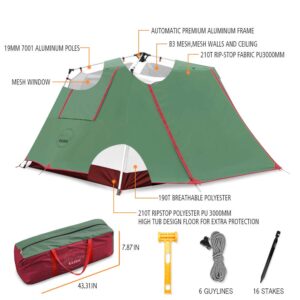 KAZOO Camping Tents 4 Person Waterproof Instant Tents 4 People Cabin Tent Easy Setup with Sun Shade Automatic Aluminum Pole