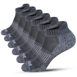 bering men's athletic cushioned low cut ankle running socks, dark gray, size 9-12, 6 pack