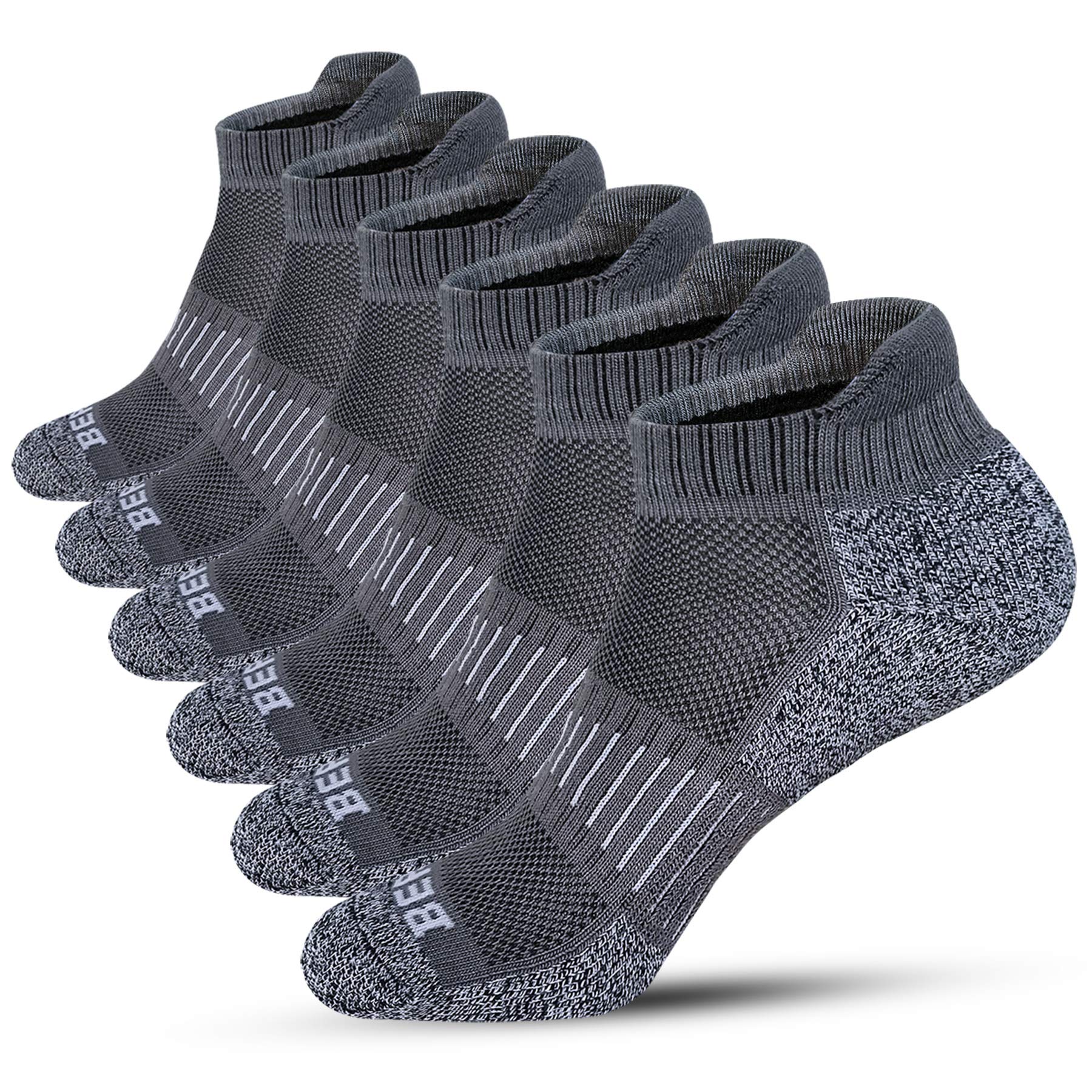 BERING Men's Athletic Cushioned Low Cut Ankle Running Socks, Dark Gray, Size 9-12, 6 Pack