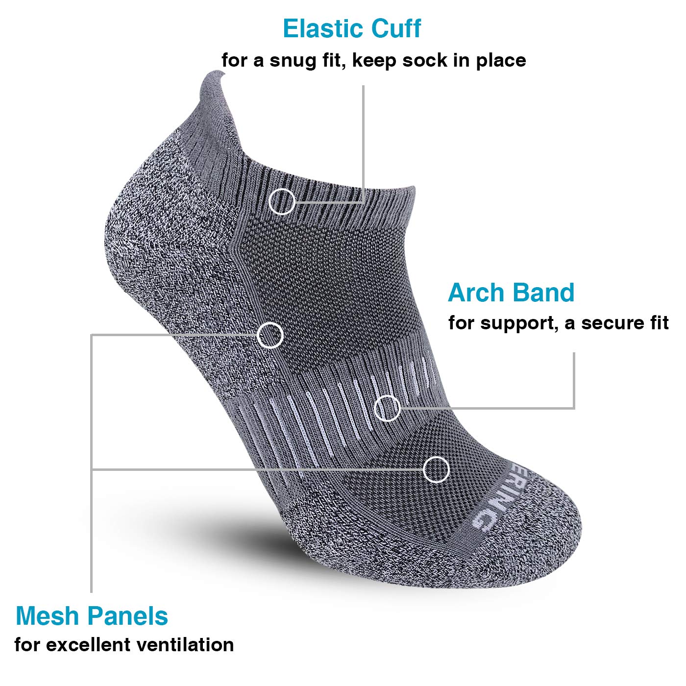 BERING Men's Athletic Cushioned Low Cut Ankle Running Socks, Dark Gray, Size 9-12, 6 Pack