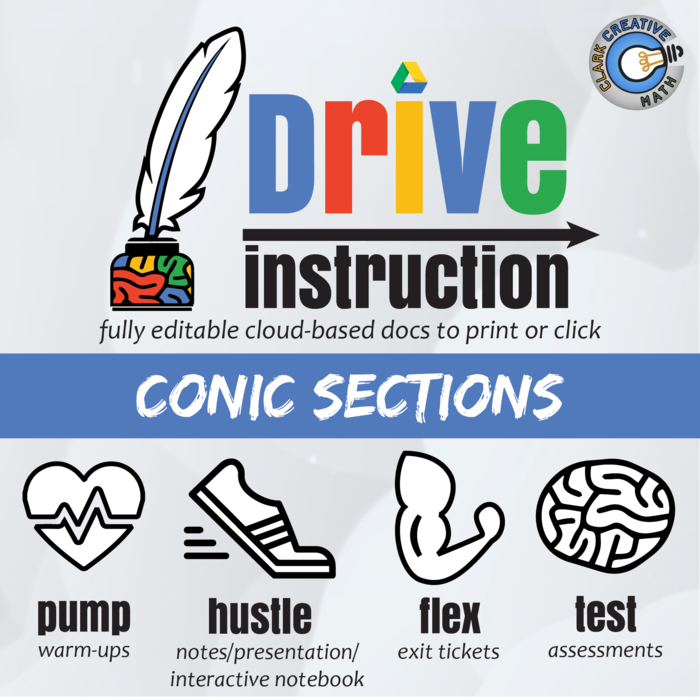 Drive Instruction - Conic Sections - EDITABLE Warm-Ups / Notes / Slides / Test +++