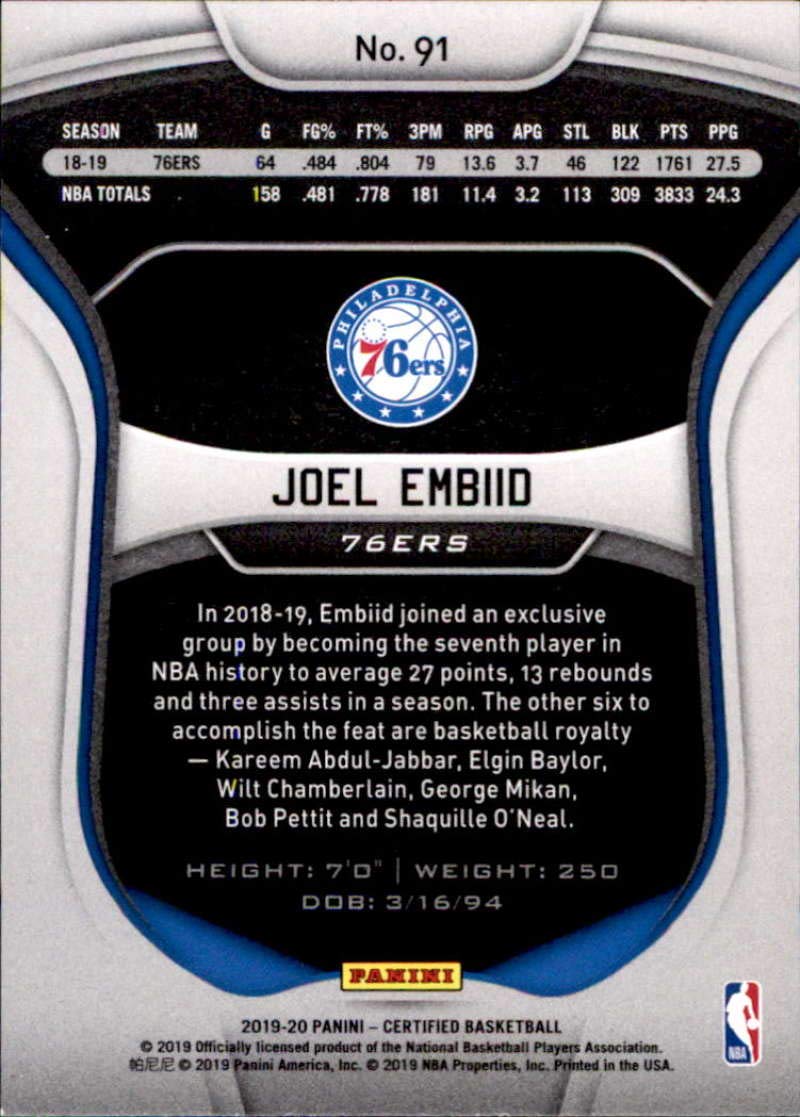 2019-20 Panini Certified #91 Joel Embiid Philadelphia 76ers Basketball Card