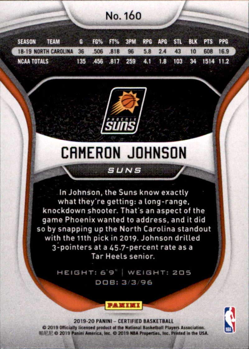 2019-20 Panini Certified #160 Cameron Johnson Phoenix Suns Rookie Basketball Card