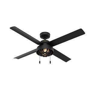 hunter fan company, 50336, 52 inch spring mill matte black indoor / outdoor ceiling fan with led light kit and pull chain