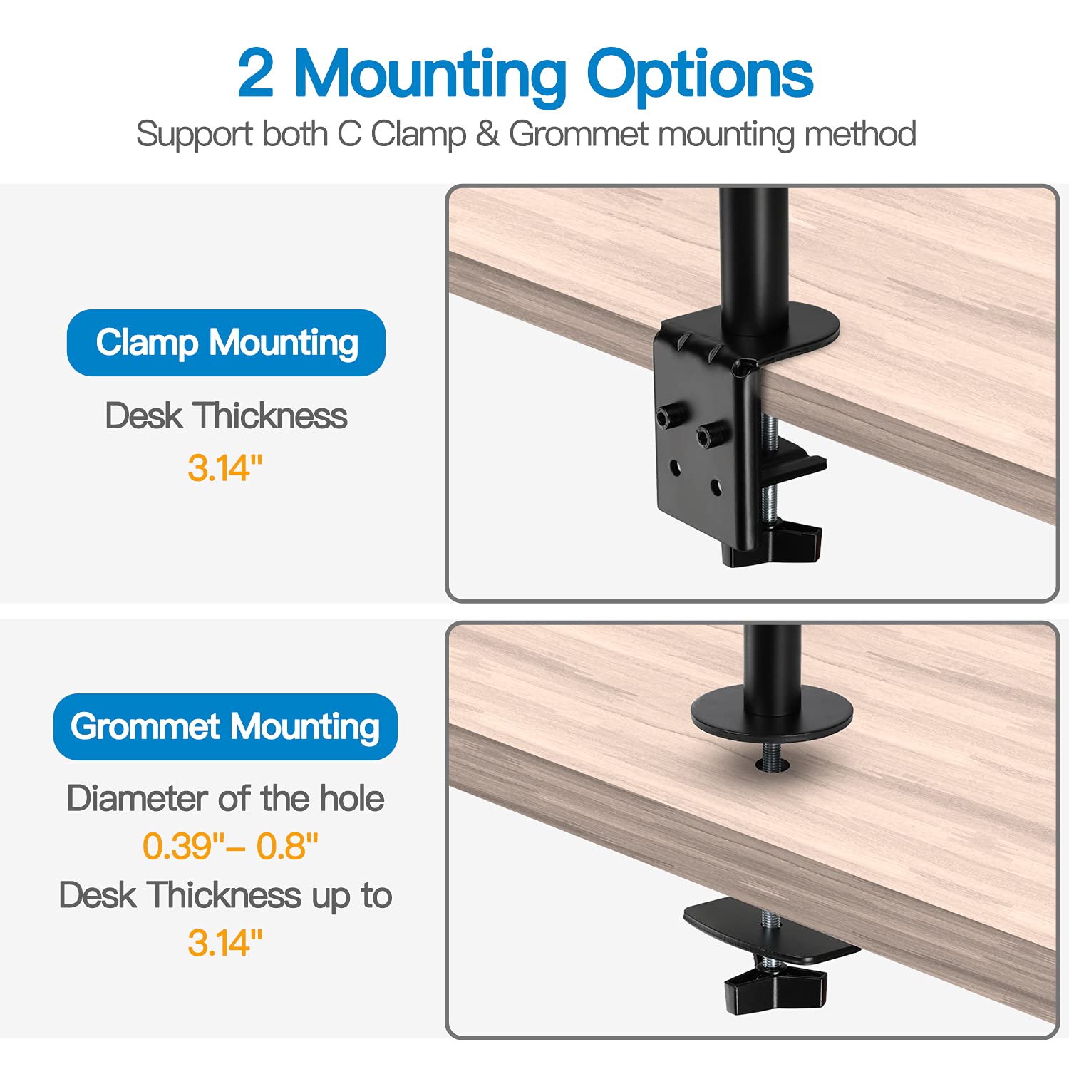 HUANUO Vertical Dual Monitor Mount, Stacked Monitor Stand for 2 Monitors with Height Adjustment Computer Monitor Arm Supports Two 17 to 32 Inch with C Clamp Each Monitor Desk Mount Hold up to 17.6lbs