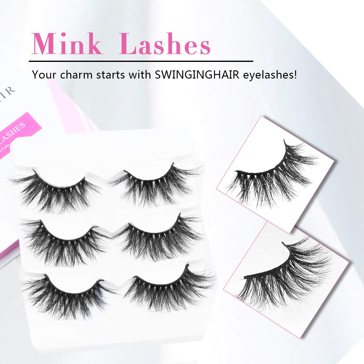 SWINGINGHAIR 3D Mink Eyelashes, False Eyelashes 25mm Dramatic Long Type 3D Layered Effect Siberian Mink Fur Lashes Hand Made Strips Eyelashes Reusable Fake Eyelashes Make Up