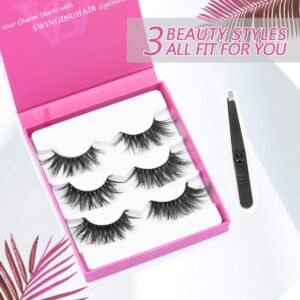 SWINGINGHAIR 3D Mink Eyelashes, False Eyelashes 25mm Dramatic Long Type 3D Layered Effect Siberian Mink Fur Lashes Hand Made Strips Eyelashes Reusable Fake Eyelashes Make Up