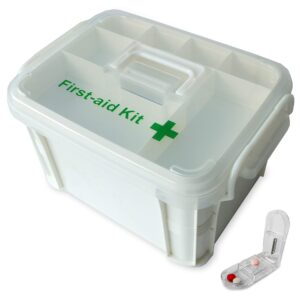 portable handled medicine first aid box plastic medicine basic organizer holder. family small safety emergency medical storage box kit travel, car, home, camping, office, vehicle + pill cutter (empty)