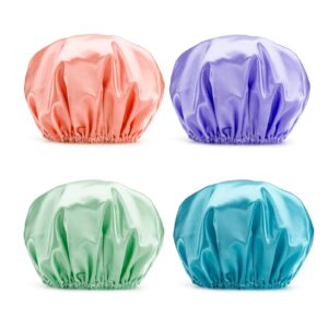 amazerbath shower caps for women reusable waterproof, 4 pack women shower caps reusable eva hair cap for shower double protection layers elastic, medium size