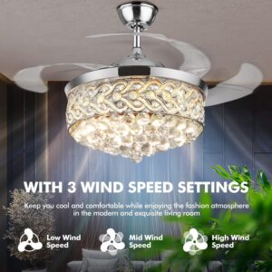 KPIBEST 42 inch Crystal Ceiling Fan with Lights and Remote Control 3 Light Level, Modern Luxury Chandelier Fans Lighting with 3 Speeds and Retractable Blades for Dining/Living Room Bedroom