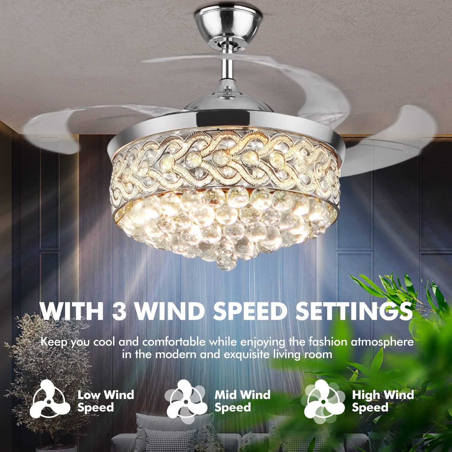 KPIBEST 42 inch Crystal Ceiling Fan with Lights and Remote Control 3 Light Level, Modern Luxury Chandelier Fans Lighting with 3 Speeds and Retractable Blades for Dining/Living Room Bedroom