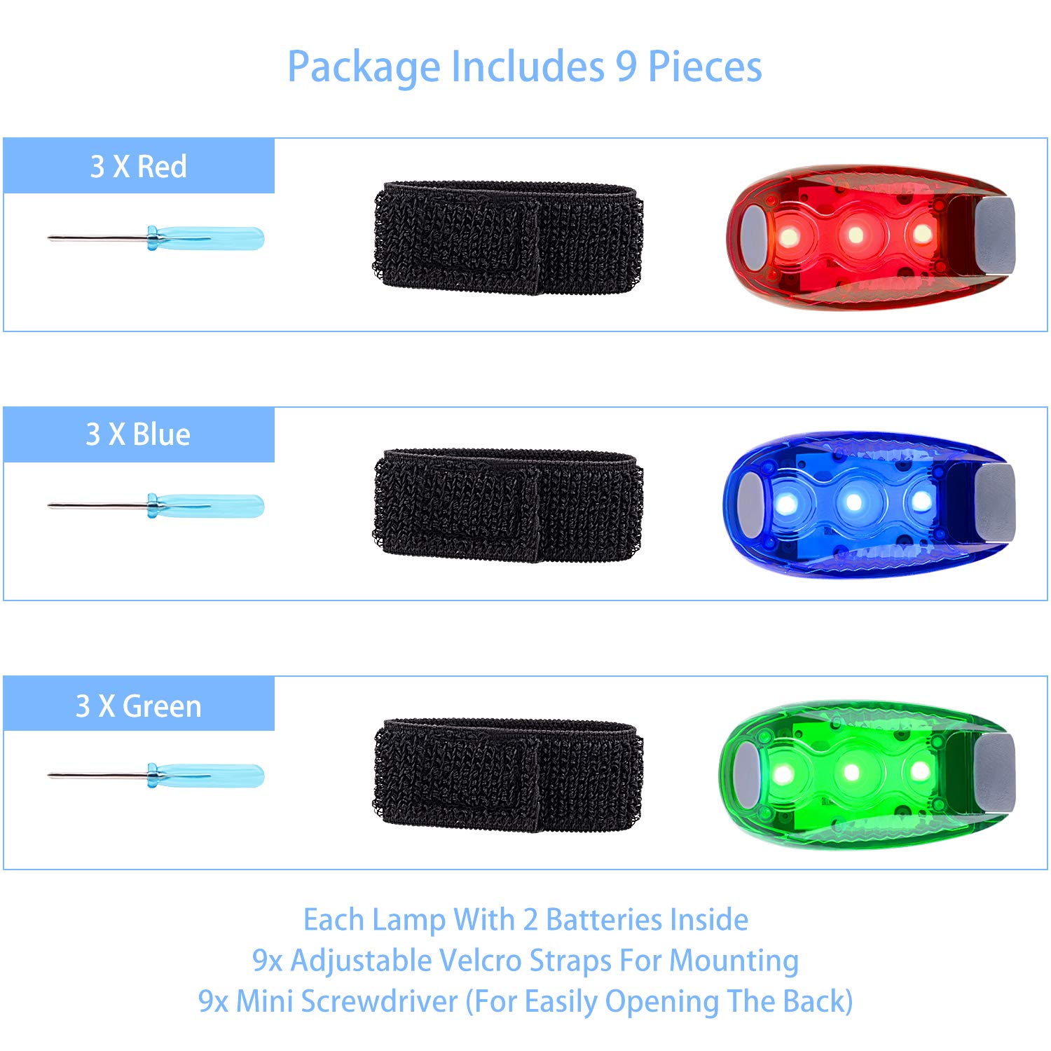 9 Pack Led Safety Light, Safety Light, High Visibility Strobe Running Lights Used for Bicycle, Walking Etc. Clip-On Running Lights Clip to Clothes Strap to Wrist, Bike Or Anywhere(Red/Blue/Green)