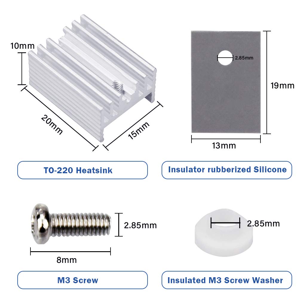 WayinTop 10 Packs TO-220 Aluminum Heatsink & Insulator/Mounting Kits for TO-220 MOSFET Transistor, TO-220 Heatsink + M3 Screw + Screw Washer + Insulator Rubberized Silicone (20mmx15mmx10mm)