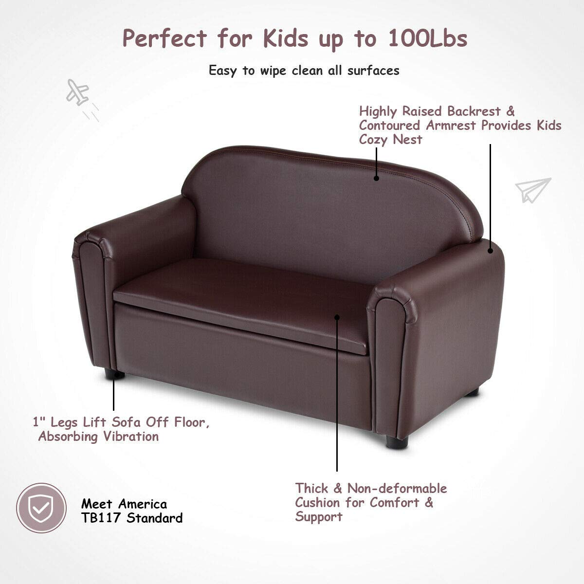 HONEY JOY Kids Sofa, 2 Seat Touch Couch Lounger Chair with Flip-Top Toy Storage Box, Children Comfy Loveseat Sofa Bed for Playroom Daycare Furniture, Mini Double Foam Play Couch for Boys Girls (Brown)