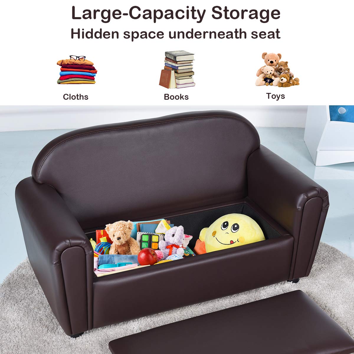 HONEY JOY Kids Sofa, 2 Seat Touch Couch Lounger Chair with Flip-Top Toy Storage Box, Children Comfy Loveseat Sofa Bed for Playroom Daycare Furniture, Mini Double Foam Play Couch for Boys Girls (Brown)