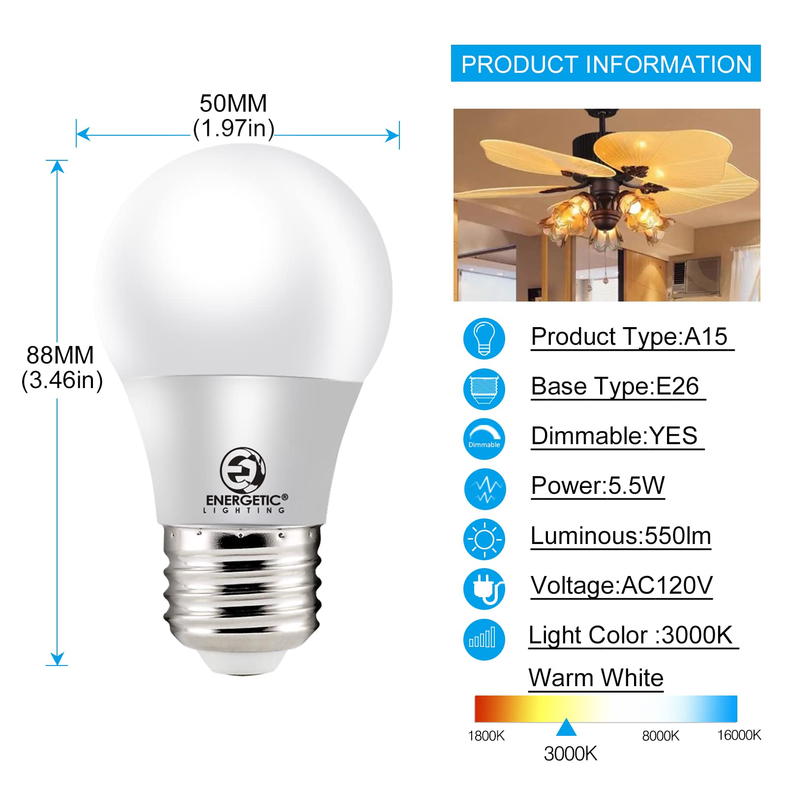 Energetic Lighting LED Refrigerator Bulb 40 Watt Equivalent, 3000K Warm White, Dimmable A15 Ceiling Fan Light Bulbs, E26 Base, UL Listed, 6 Pack