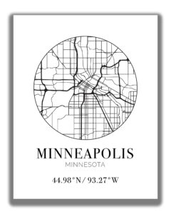 minneapolis mn city street map wall art - 11x14 unframed modern abstract black & white aerial view decor print with coordinates. makes a great minneapolis-themed gift.