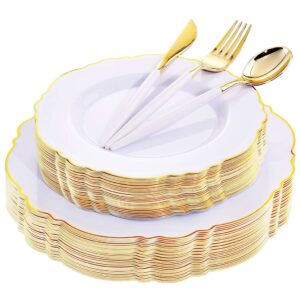 wdf 30guest gold plastic plates disposable - gold plastic silverware with white handle baroque plates disposable for weddings, parties, mother's day