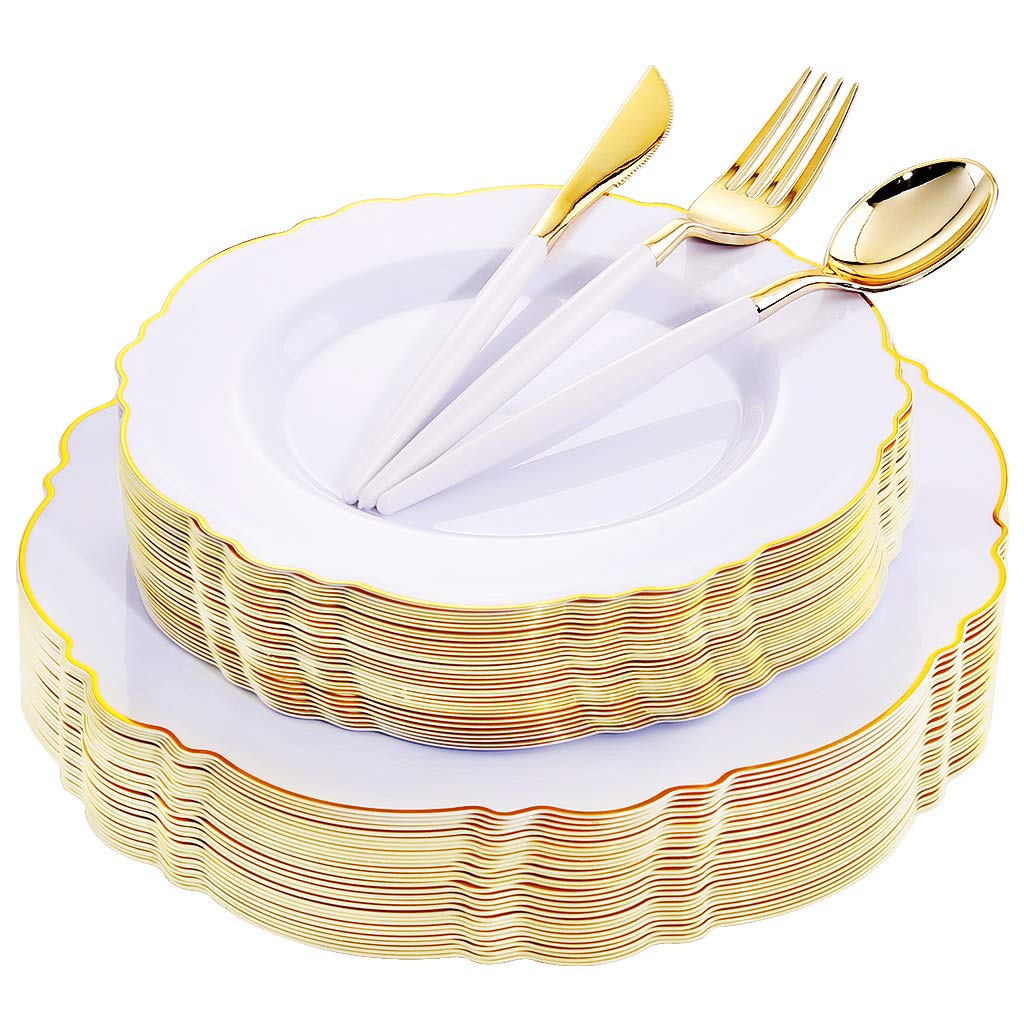 WDF 30Guest Gold Plastic Plates Disposable - Gold Plastic Silverware With White Handle Baroque Plates Disposable for Weddings, Parties, Mother's Day