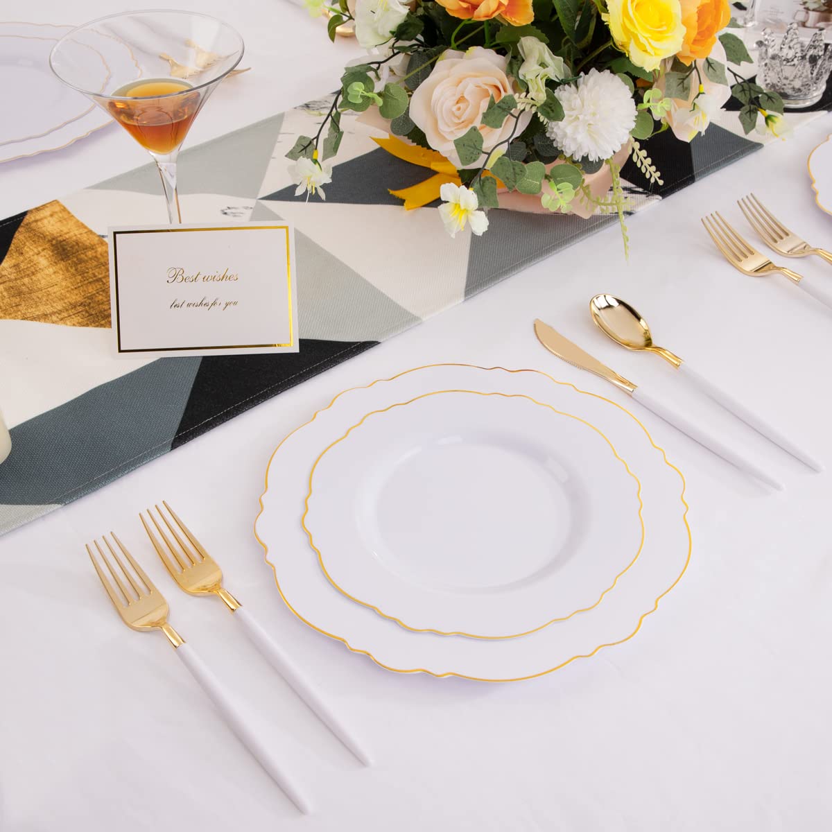 WDF 30Guest Gold Plastic Plates Disposable - Gold Plastic Silverware With White Handle Baroque Plates Disposable for Weddings, Parties, Mother's Day