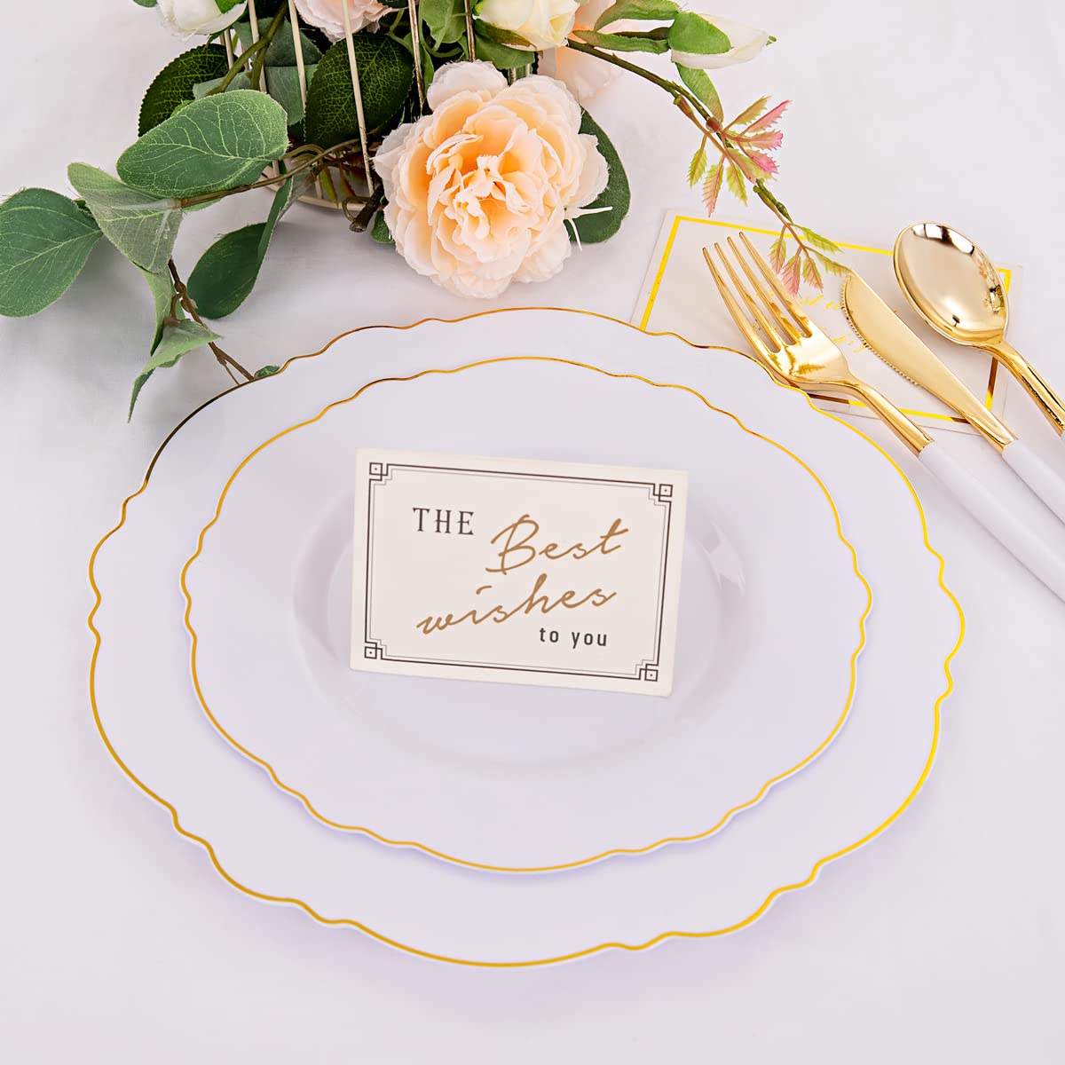 WDF 30Guest Gold Plastic Plates Disposable - Gold Plastic Silverware With White Handle Baroque Plates Disposable for Weddings, Parties, Mother's Day